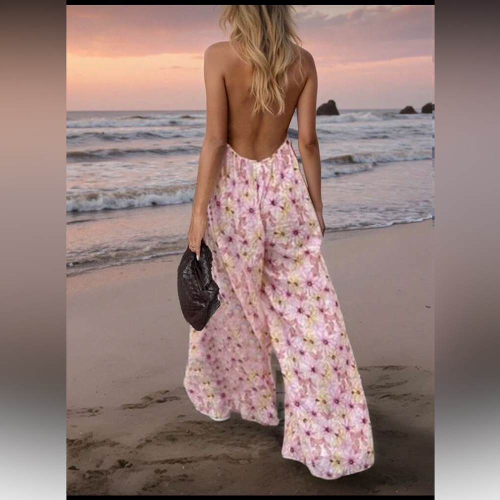 Backless floral halter jumpsuit